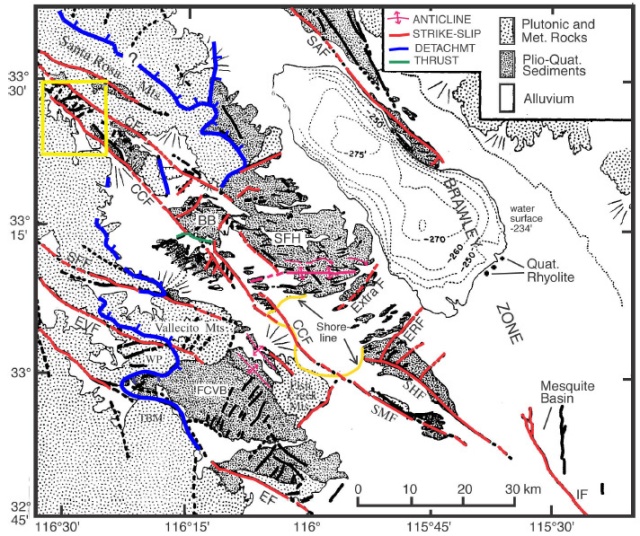 San Jacinto and Elsinore Fault Zones. BB, Borrego Badlands; CF, Clark fault; CCF, Coyote Creek fault; EF, Elsinore Fault; ERF, Elmore Ranch Fault; EVF, Earthquake Valley fault; FCB, Fish Creek basin; IF, Imperial fault; SFF, San Felipe fault; SFH, San Felipe Hills; SHF, Superstition Hills fault; SMF, Superstition Mt fault; TBM, Tierra Blanca Mts; WP, Whale Peak. Map compilation courtesy of L. Seeber. Source of image: [Dorsey, 2005]